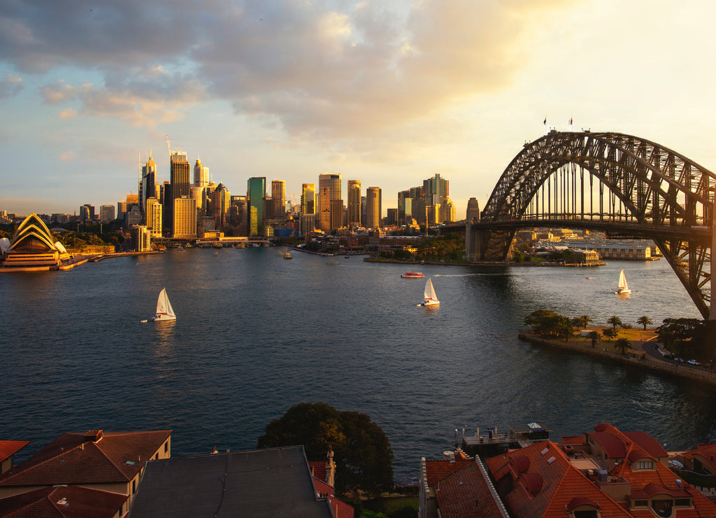 View point of Sydney harbour with city and bridge in sunset time