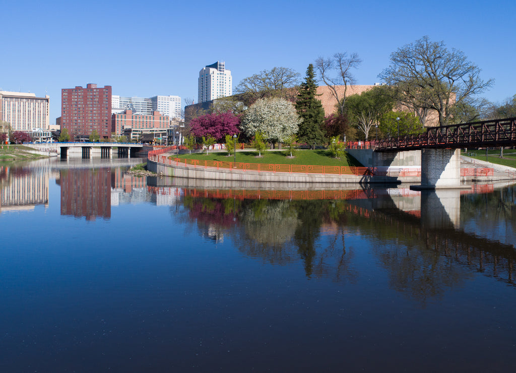 Rochester, Minnesota. Civic Center, River, Skyline
