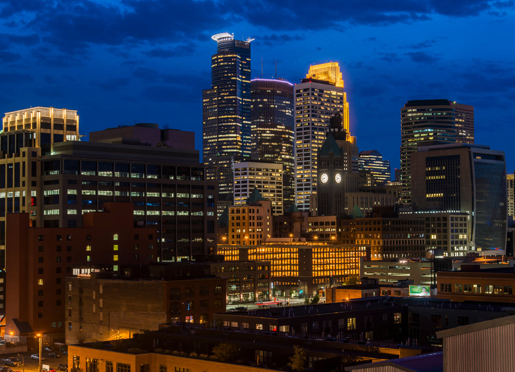 Minneapolis downtown skyline at night, Minnesota, USA