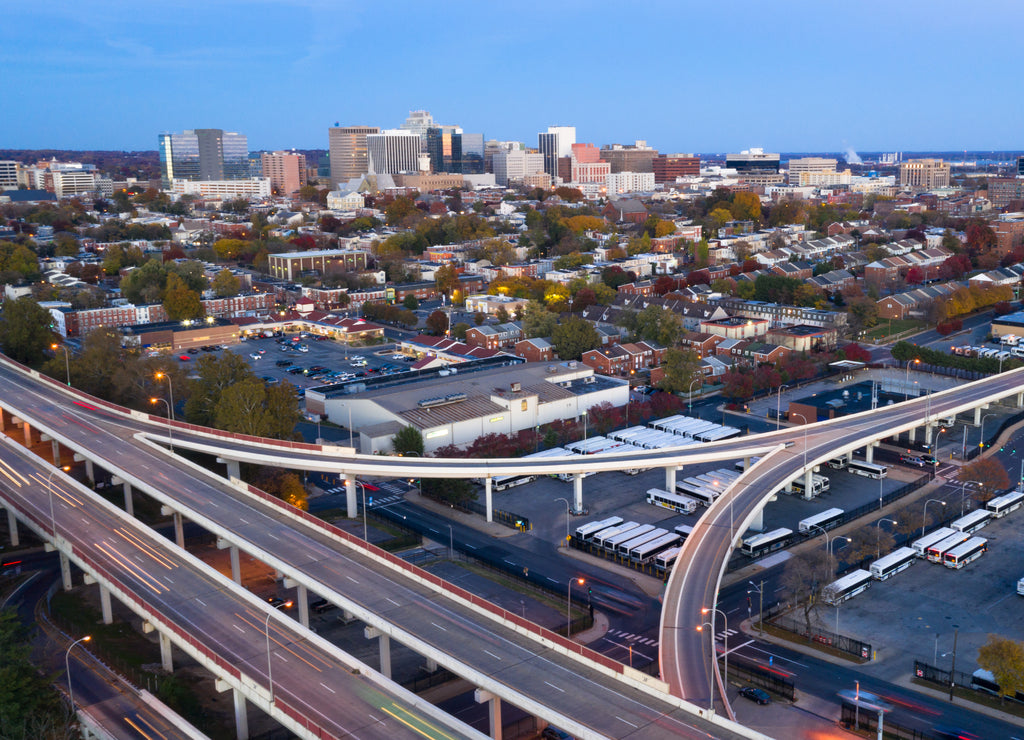 Static Shot Over Highways and Downtown City Skyline Wilmington Delaware