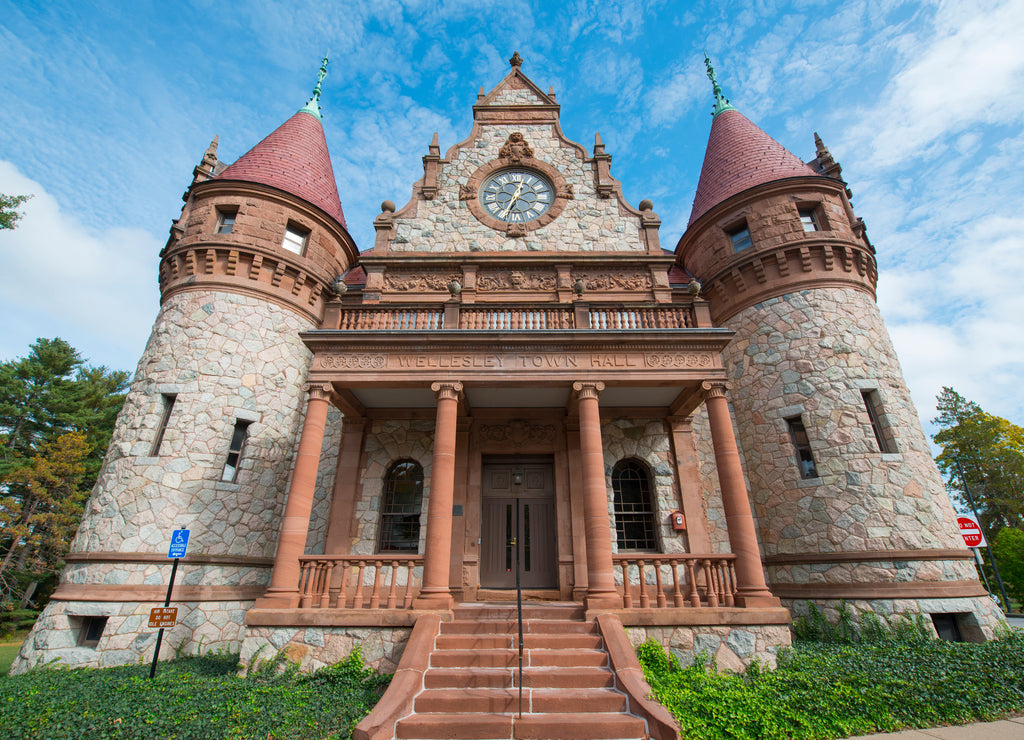 Wellesley Town Hall was built in 1883 with Richardsonian Romanesque style in Wellesley, Massachusetts, USA