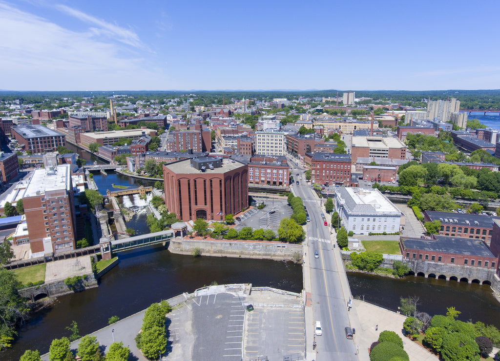 Lowell historic downtown and Concord River Massachusetts