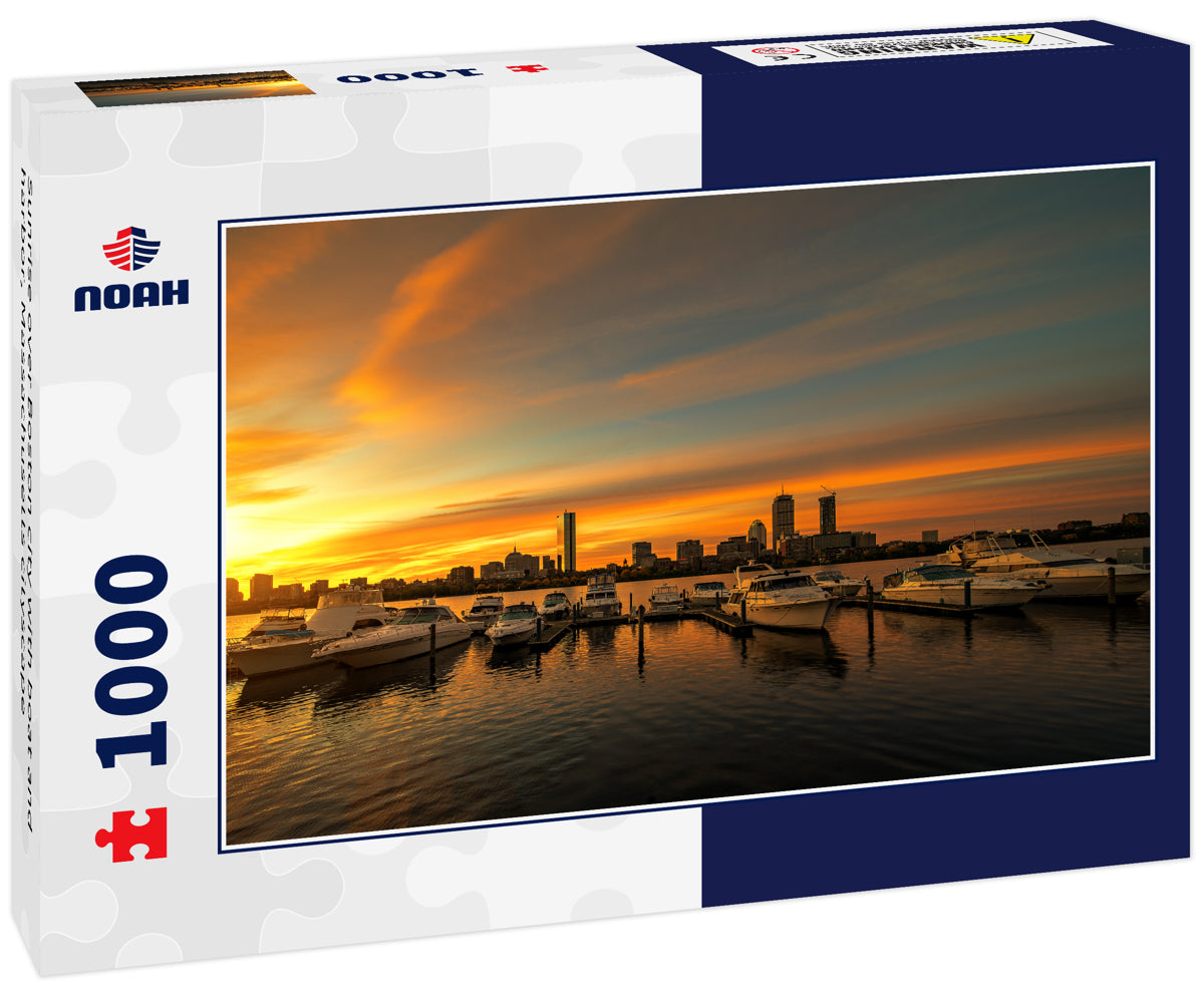 Sunrise over Boston city with boat and harbor, Massachusetts cityscape
