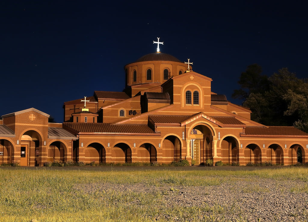 Saint Catherine Greek Orthodox Church in Quincy, Massachusetts at night