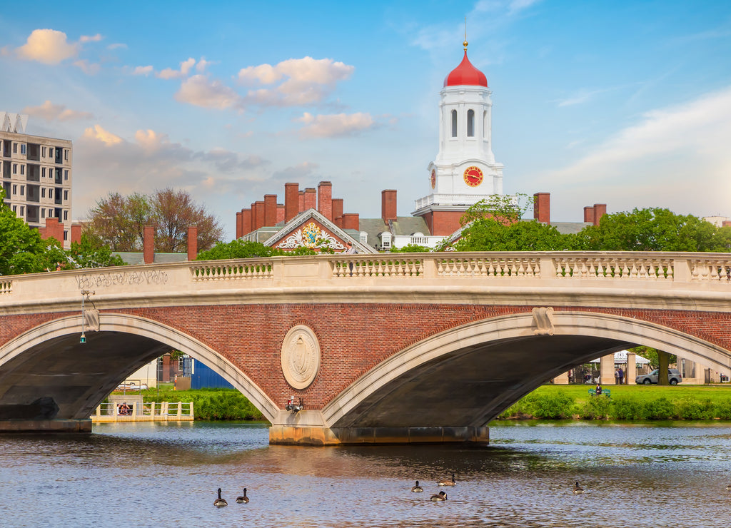 John W. Weeks vintage Bridge with clock tower over Charles River in Harvard University campus Boston