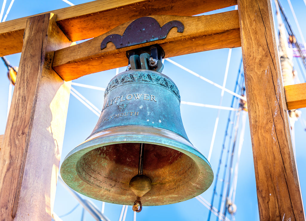 The ship bell of the historic Mayflower in the harbor of Plymouth, Massachusetts