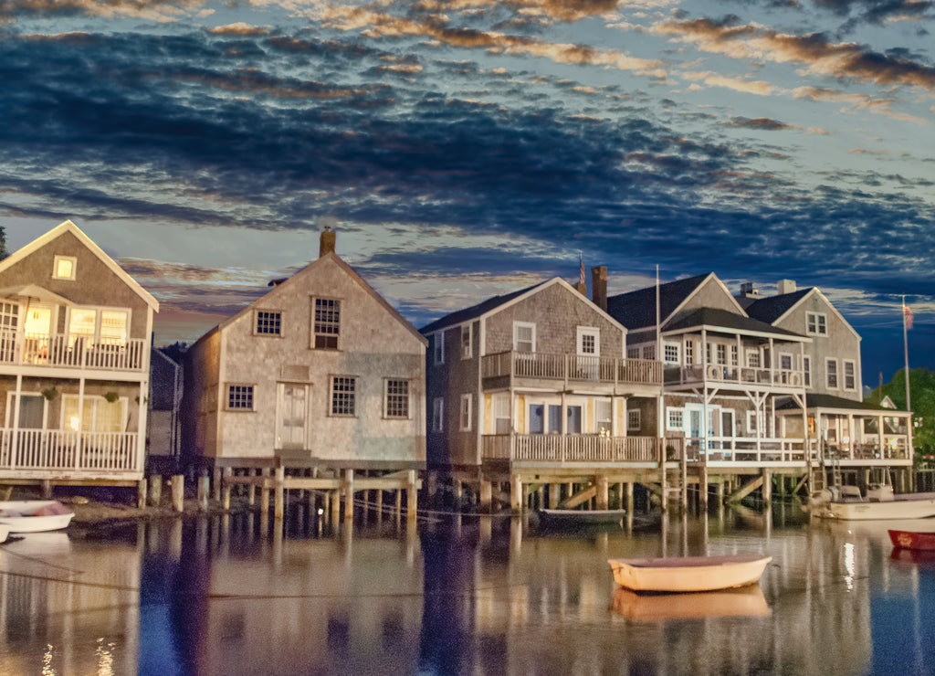 Sunset over beautiful homes of Nantucket, Massachusetts