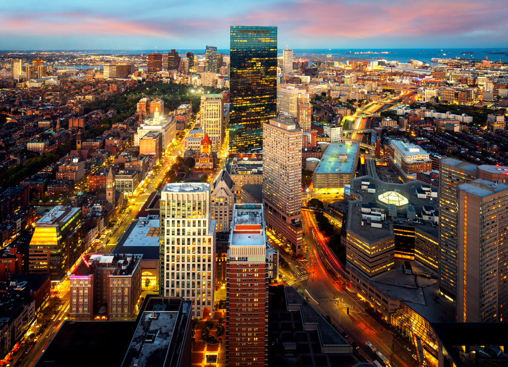 An aerial night view of Boston city center