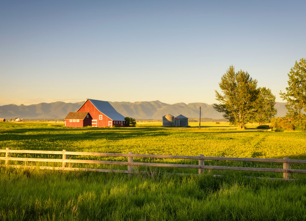 Summer sunset with a red barn in rural Montana and Rocky Mountains
