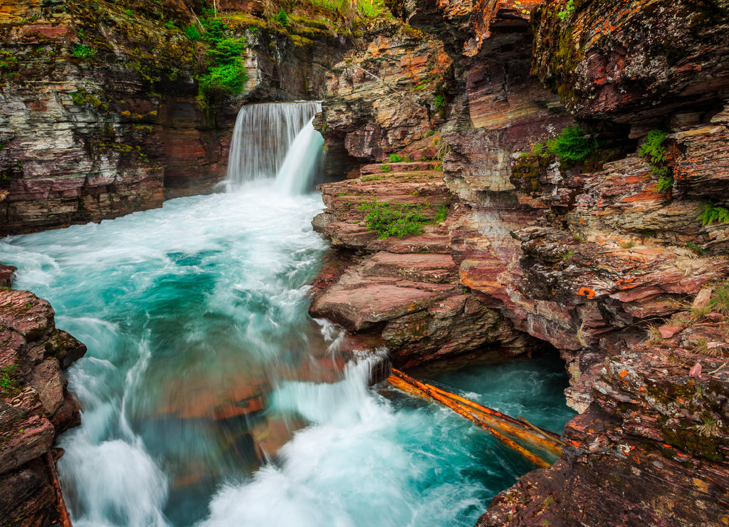 Rushing Waters of Saint Mary Falls at Glacier National Park, Montana
