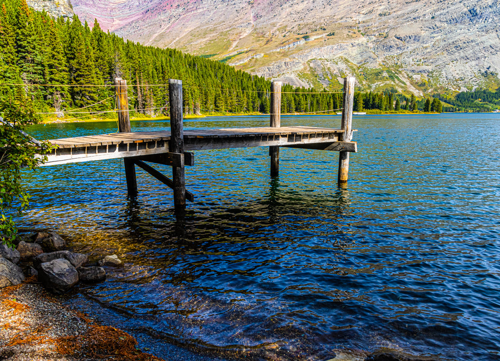 Small Wooden Pier On Swiftcurrent Lake, Glacier National Park, Montana, USA