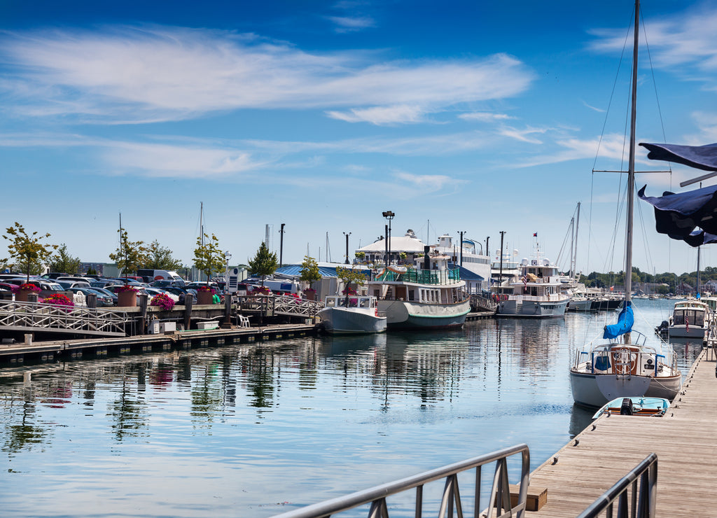 Summer lunchtime on Chandler's Wharf, looking over to Long Wharf, Portland, Maine