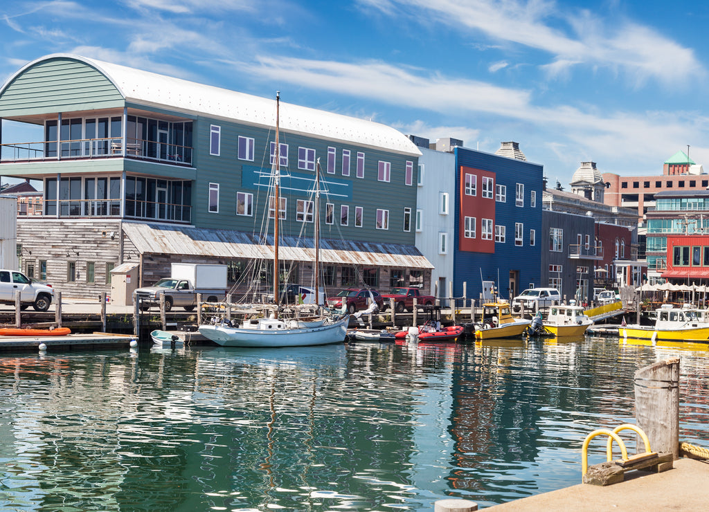 Water taxis and boats on the busy Maine Wharf, Portland, Maine