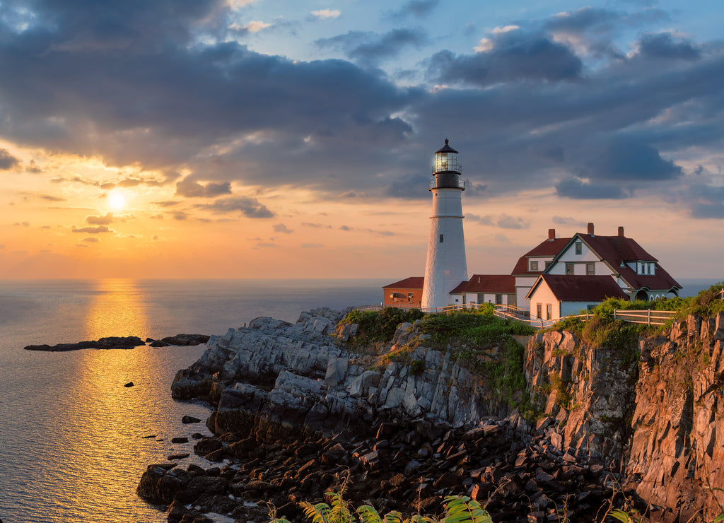 Portland Head Light at sunrise in Maine, New England, USA