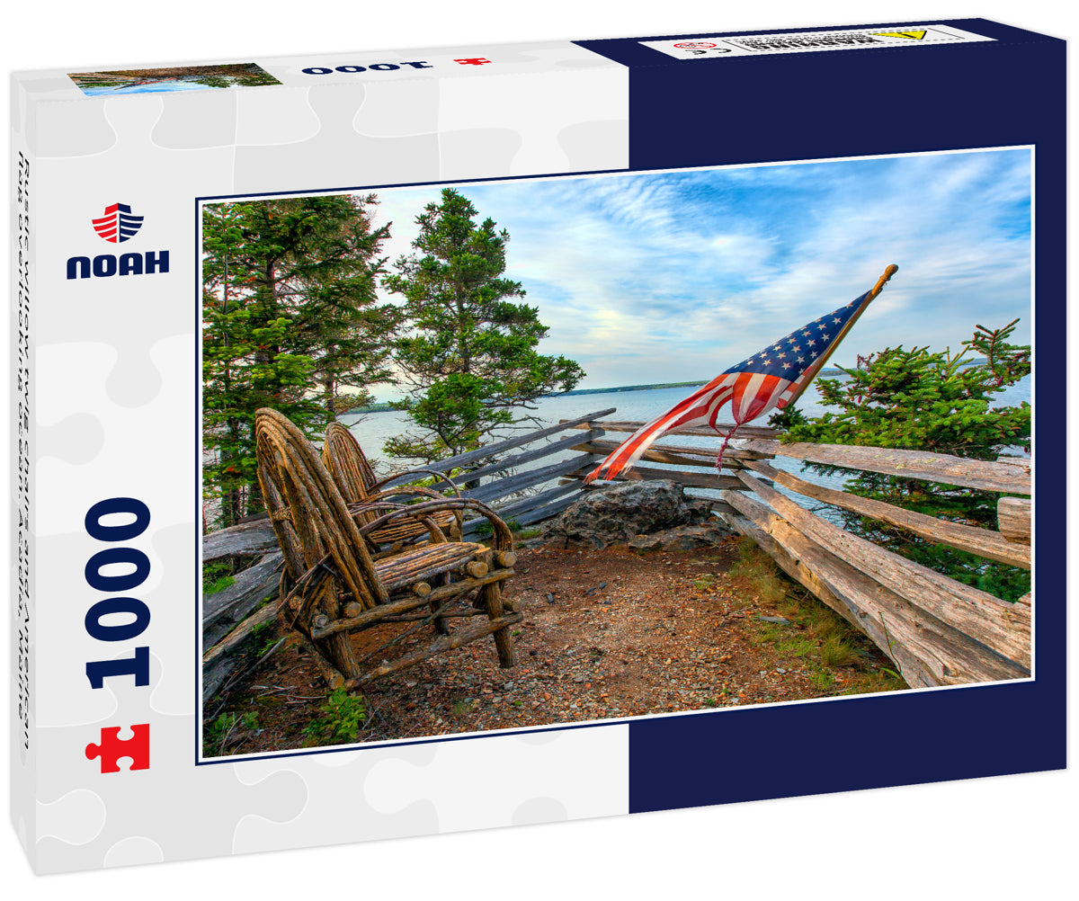 Rustic willow twig chairs and American flag overlooking ocean. Acadia, Maine