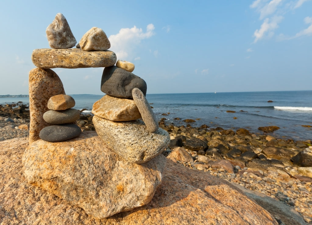 Sunset view of rocky Rhode Island sea shore
