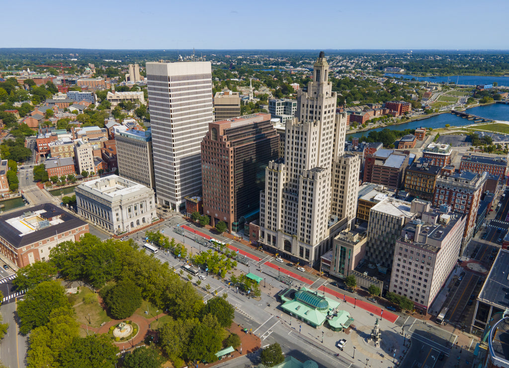 Providence modern city aerial view in downtown providence, Rhode Island RI, USA. The buildings including Industrial National Bank Building, One Financial Plaza, Residences Providence, etc.