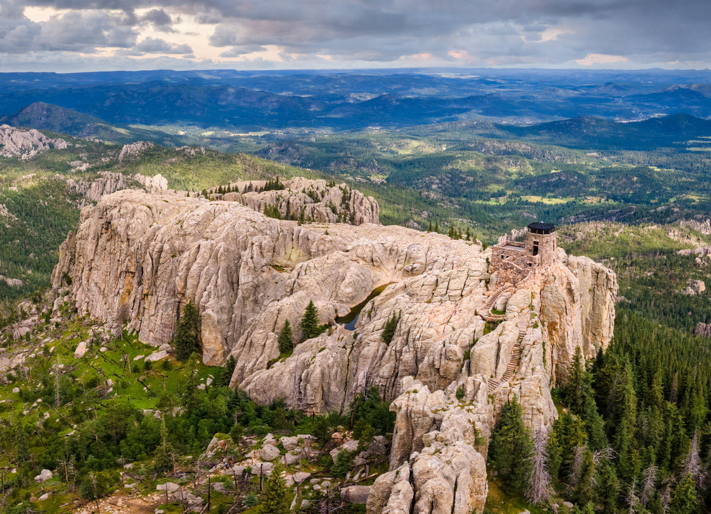Black Elk Peak stone fire tower in the Black Elk Wilderness - highest point east of the Rocky Mountains - South Dakota wilderness trail