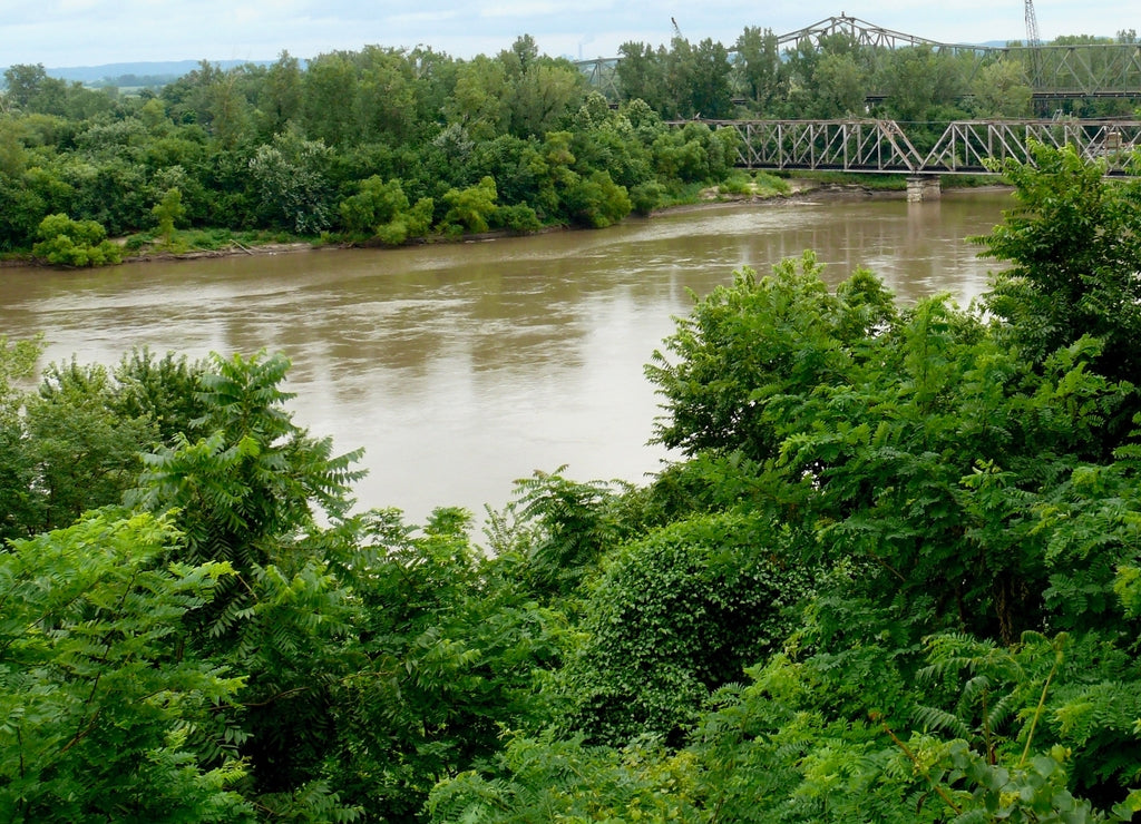 Missouri River Summer Landscape of the Mighty Big Muddy Mo and Riverbank Trees With Trestle Bridge in Atchison Kansas