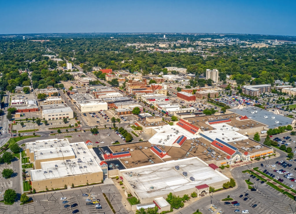 Aerial View of the College Town of Manhattan, Kansas in Summer