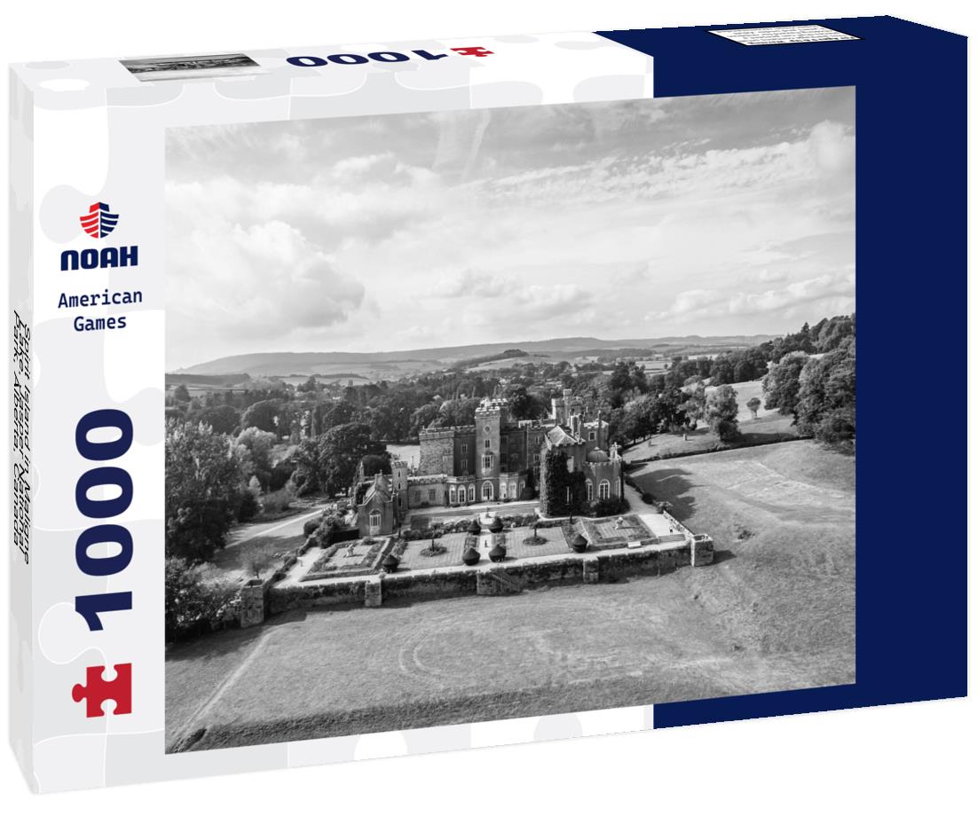 Noah Jigsaw Puzzle Spirit Island in Maligne Lake, Jasper National Park, Alberta, Canada in black white 1000 pieces