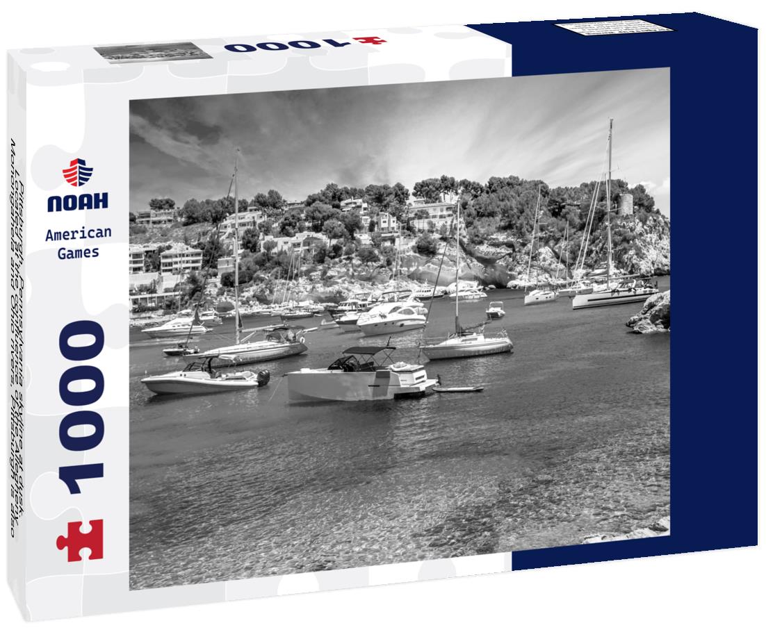 Noah Jigsaw Puzzle Pittsburgh, Pennsylvania skyline at dusk. Located at the confluence of the Allegheny, Monongahela and Ohio rivers, Pittsburgh is also known as “City of Bridges” in black white 1000 pieces