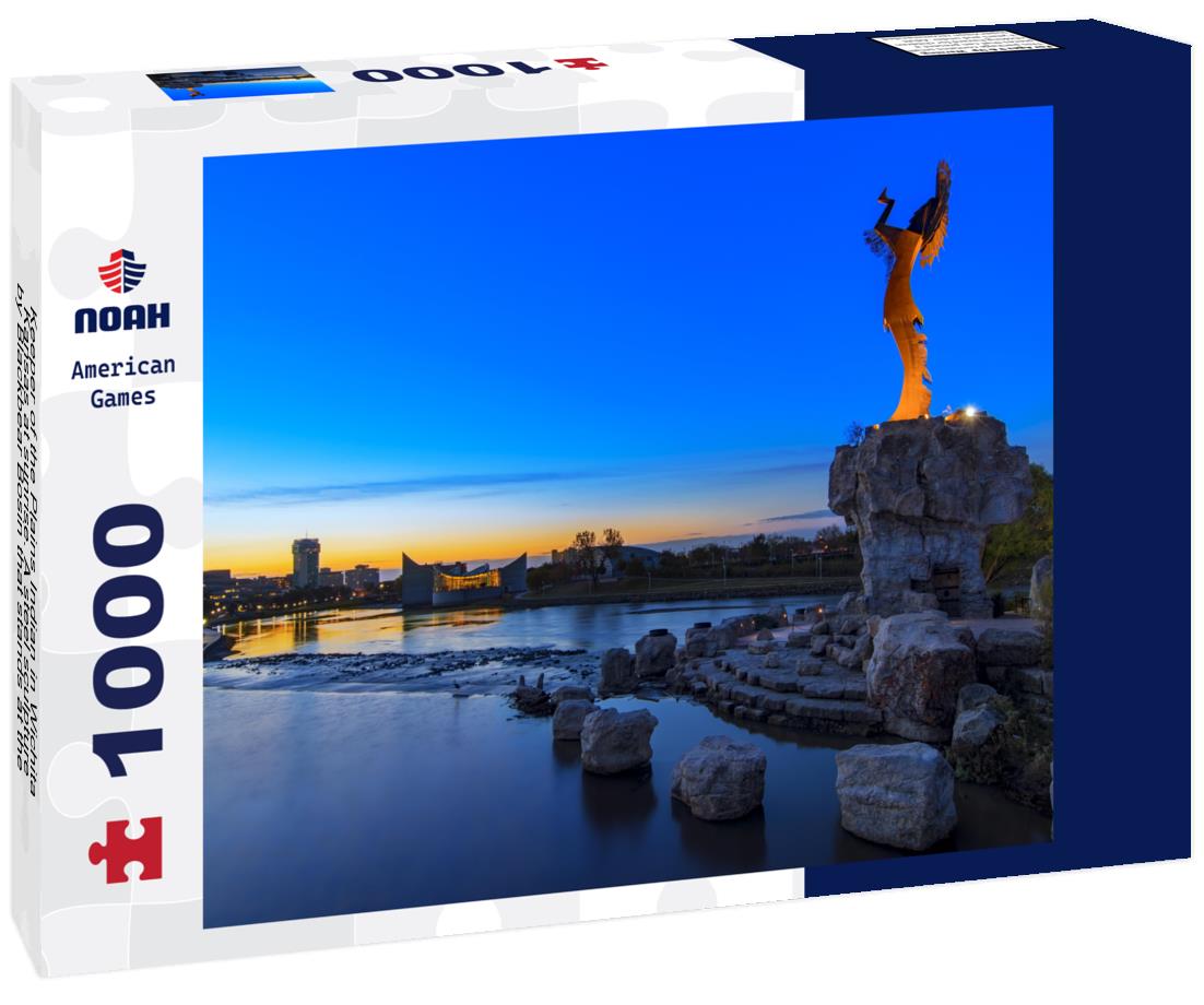 Noah Jigsaw Puzzle Keeper of the Plains Indian in Wichita, Kansas at sunrise. A steel sculpture by Blackbear Bosin that stands at the fork of the Arkansas River 1000 pieces
