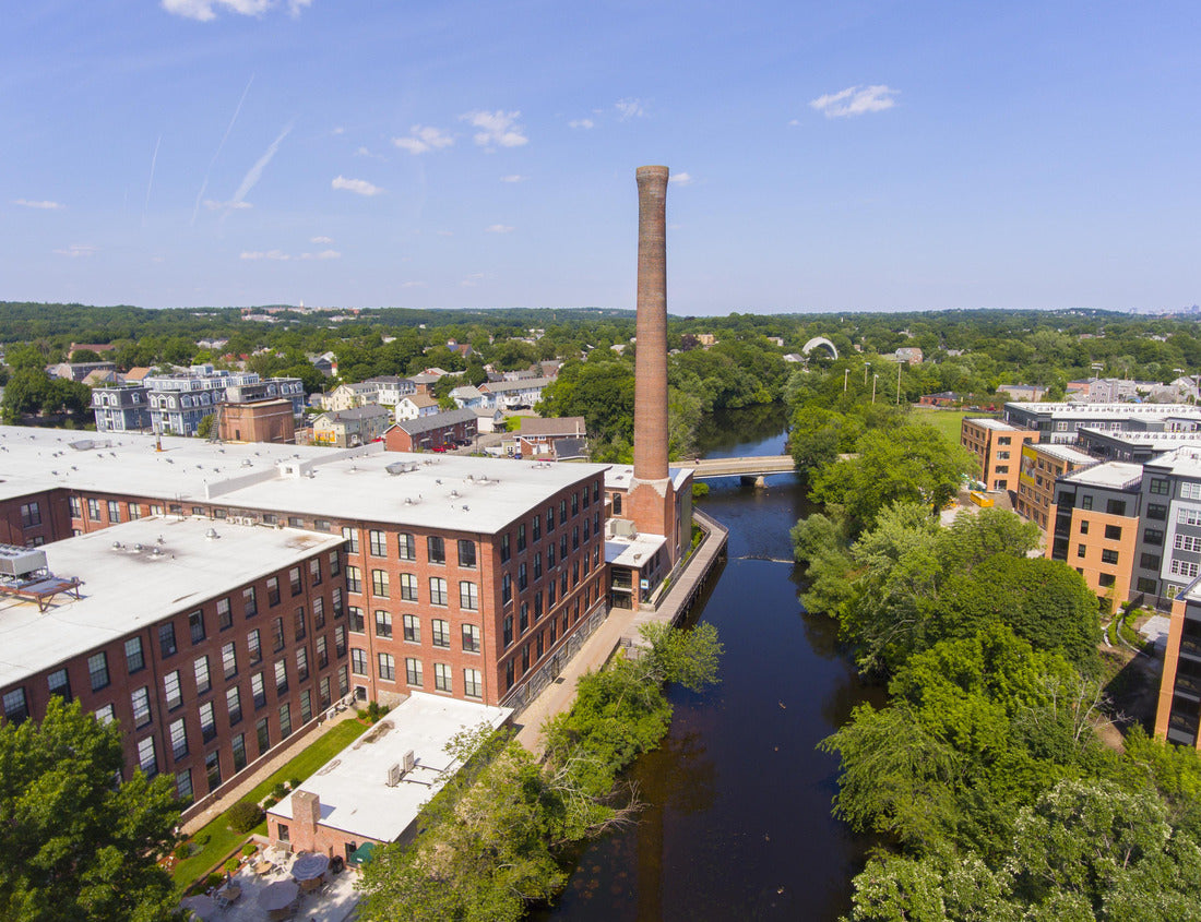 Noah Jigsaw Puzzle Historic Francis Cabot Lowell Mill building at Charles River and Waltham historic city center aerial view in city of Waltham, Massachusetts MA 1000 pieces