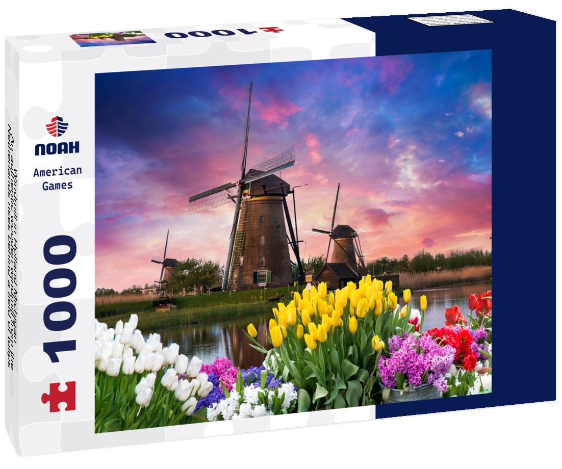 Noah Jigsaw Puzzle Windmill in Holland Michigan - An authentic wooden windmill from the Netherlands rises behind a field of tulips in Holland Michigan at Springtime 1000 pieces