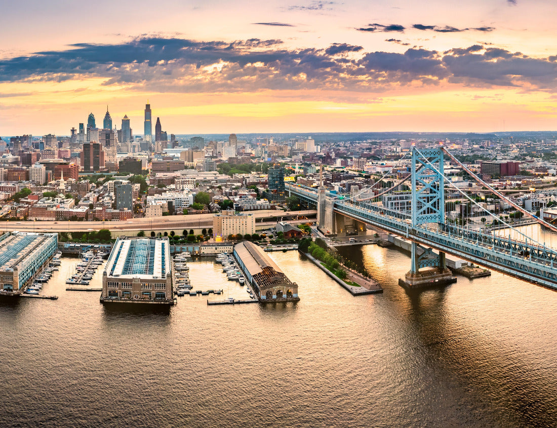 Noah Jigsaw Puzzle Aerial view with Ben Franklin Bridge and Philadelphia skyline at sunset. Ben Franklin Bridge is a suspension bridge between Philadelphia and Camden, NJ 1000 pieces