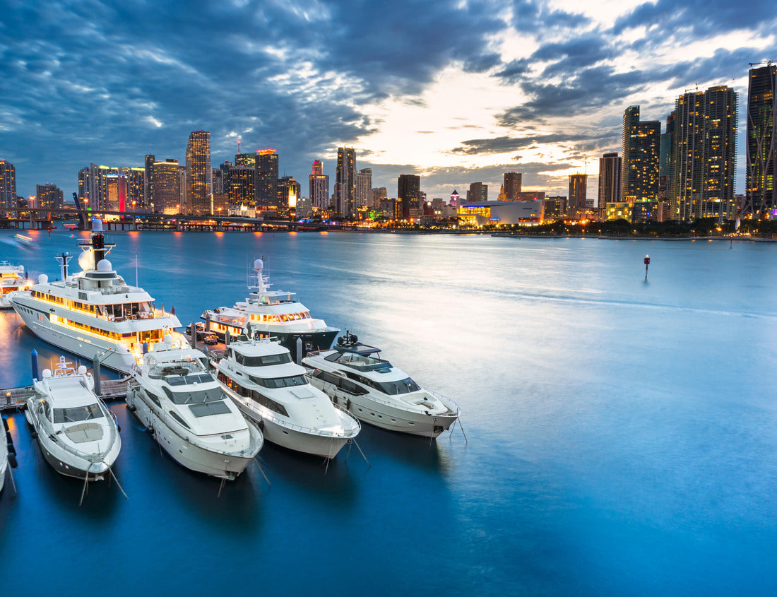 Noah Jigsaw Puzzle Miami skyline at dusk on cloudy evening with dramatic sky showing brickell and downtown and the marina in the foreground with the large impressive yachts and boats 1000 pieces