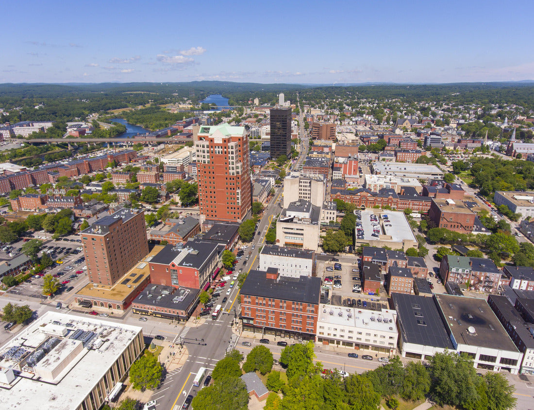 Noah Jigsaw Puzzle Manchester downtown building including City Hall Plaza and Brady Sullivan Plaza with Merrimack River at the background aerial view, Manchester, New Hampshire, NH, USA 1000 pieces