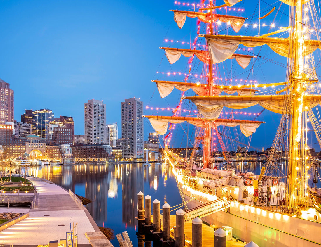 Noah Jigsaw Puzzle View of the historic architecture of Boston in Massachusetts, USA at the Fan Pier Waterfront at sunrise with the skyscrapers and a sailing boat anchored on the side pier 1000 pieces