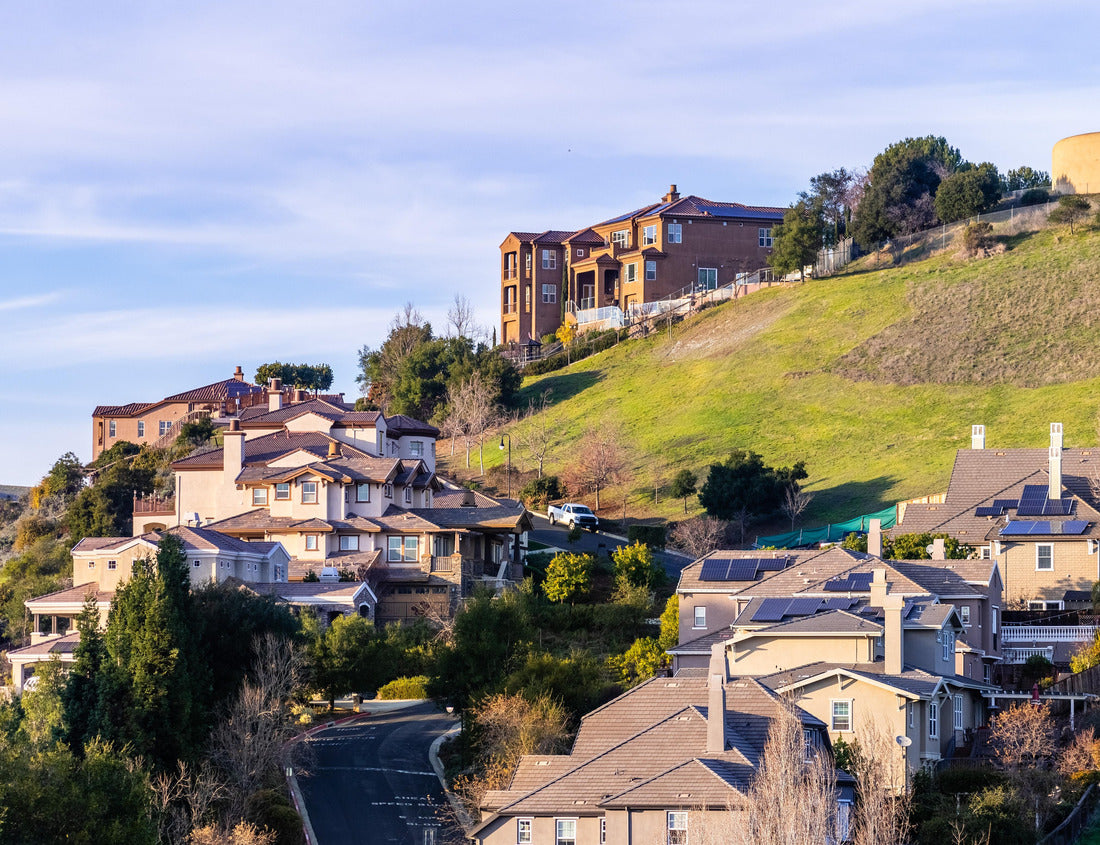 Noah Jigsaw Puzzle Residential neighborhood with multilevel single family homes, built on a hilly area; water tank visible on top of the hill; Hayward, East San Francisco Bay Area, California 1000 pieces