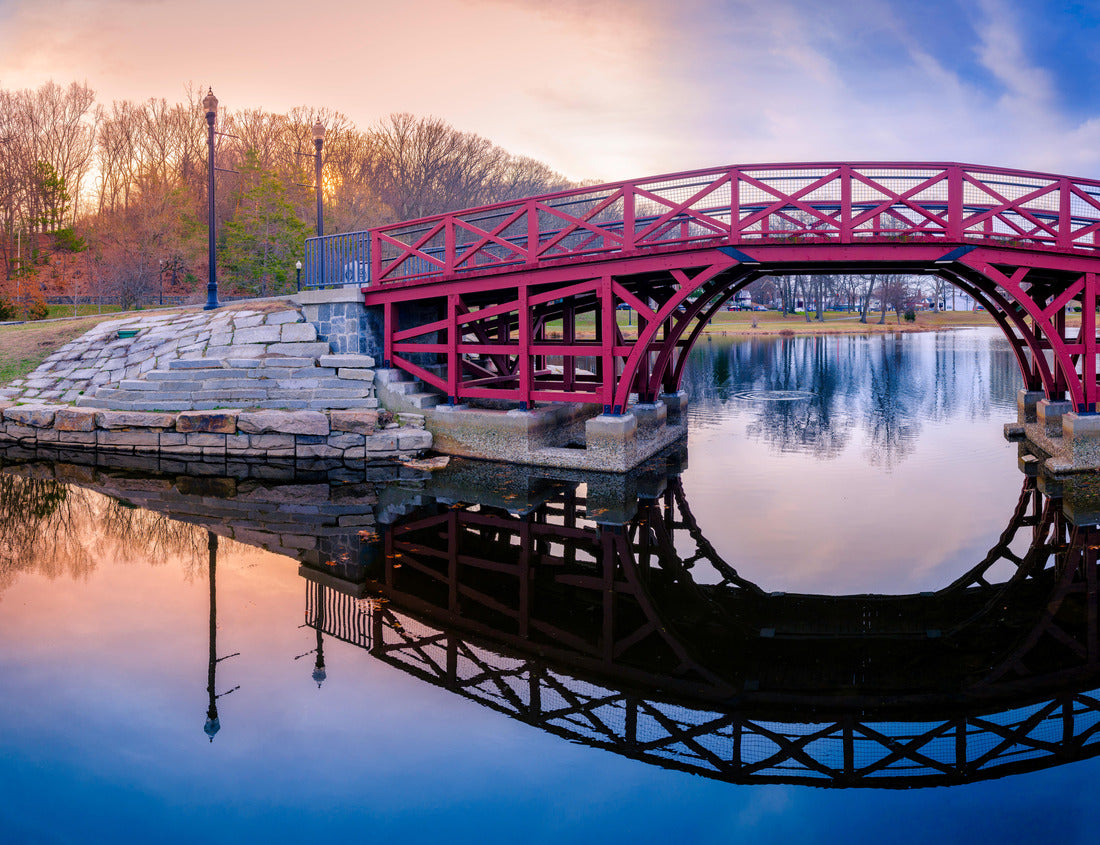 Noah Jigsaw Puzzle Arching Pink Wooden Bridge and Reflections over the Pond at Elm Park in Worcester, Massachusetts 1000 pieces