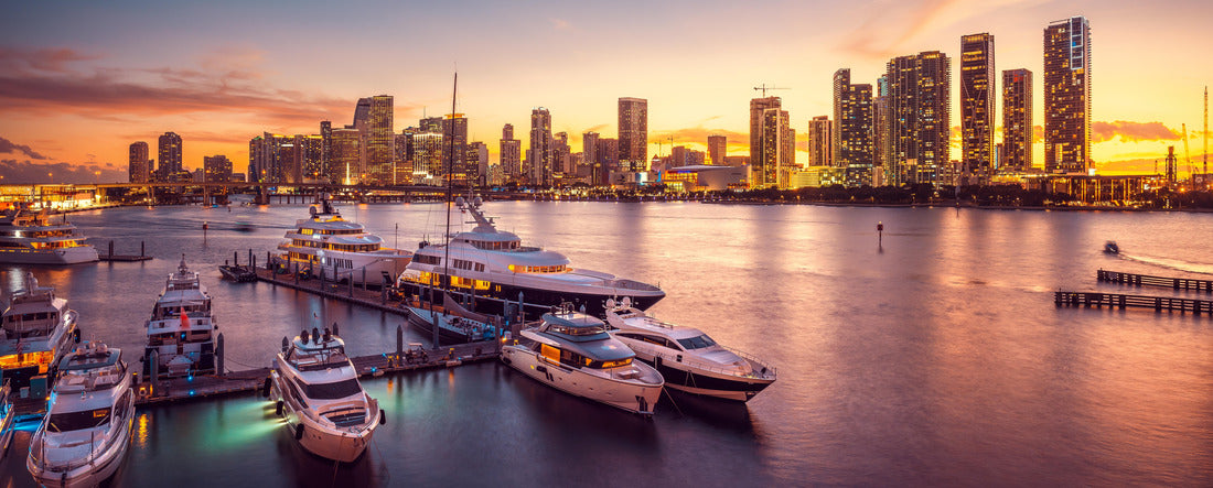 the skyline of Miami during sunset with a marina 2000pc Panoramic Puzzle