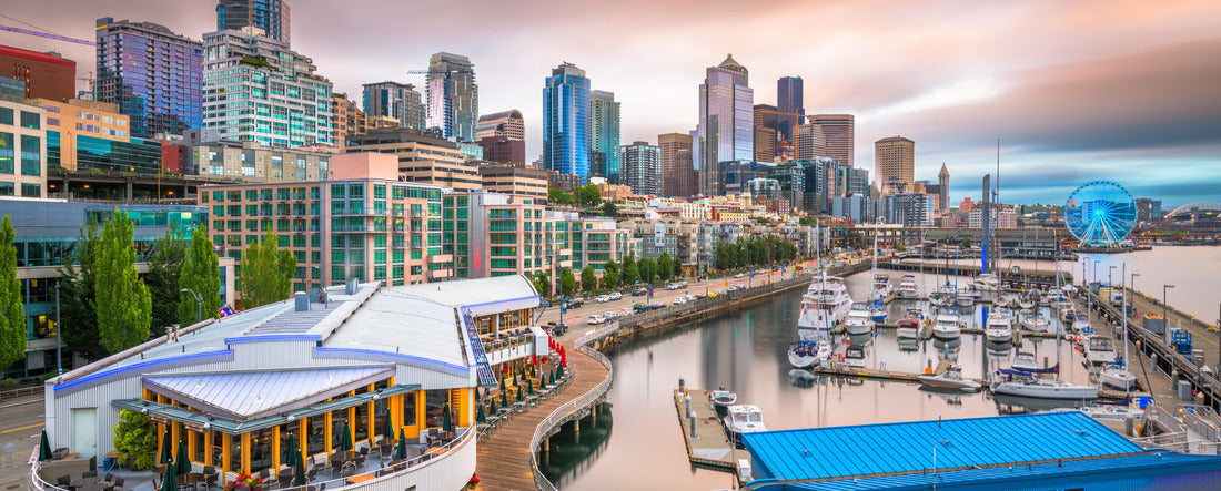 Seattle, Washington, USA pier and skyline at dusk 2000pc Panoramic Puzzle