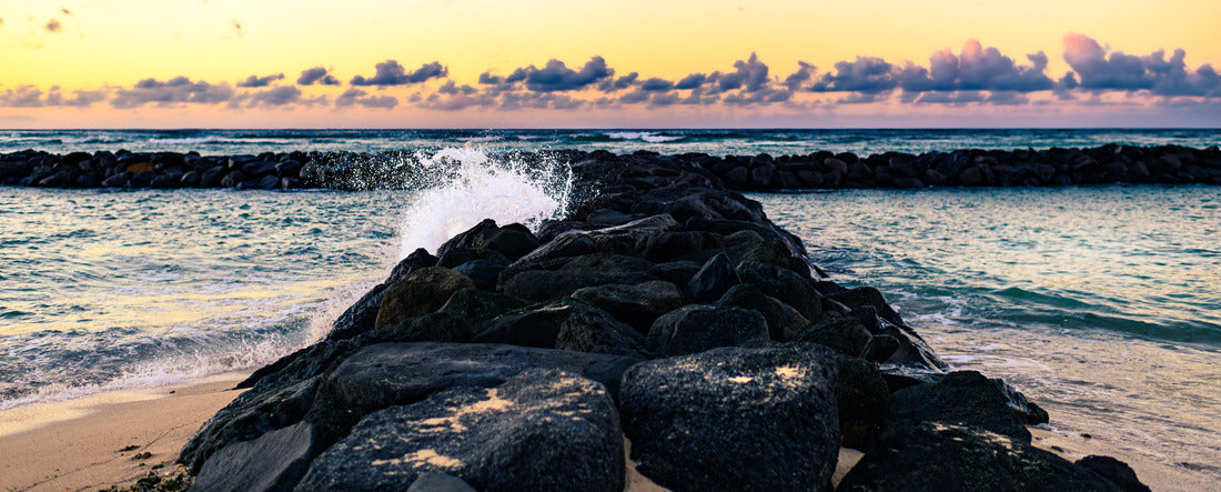 Hawaii sunrise from Ewa Beach with a crashing Wave 2000pc Panoramic Puzzle