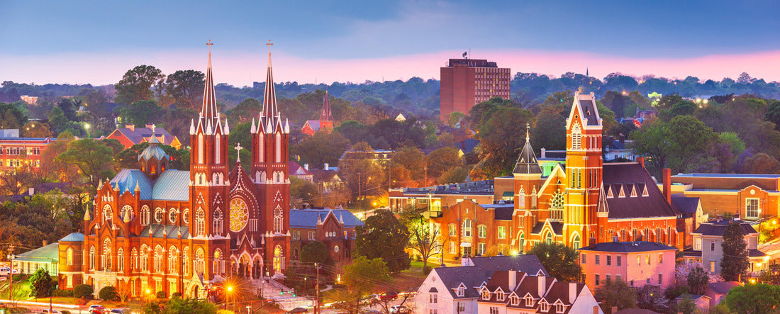 Macon, Georgia, USA historic downtown churches at dusk 2000pc Panoramic Puzzle