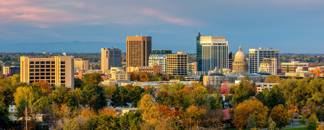 The skyline of Boise Idaho with Autumn trees in full bloom 2000pc Panoramic Puzzle