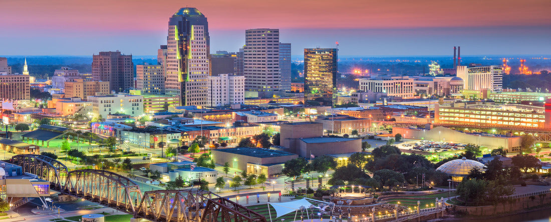 Shreveport, Louisiana, USA skyline over the Red River at dusk 2000pc Panoramic Puzzle