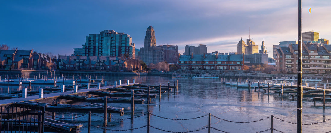 Buffalo cityscape view at early cold morning from erie basin marina 2000pc Panoramic Puzzle