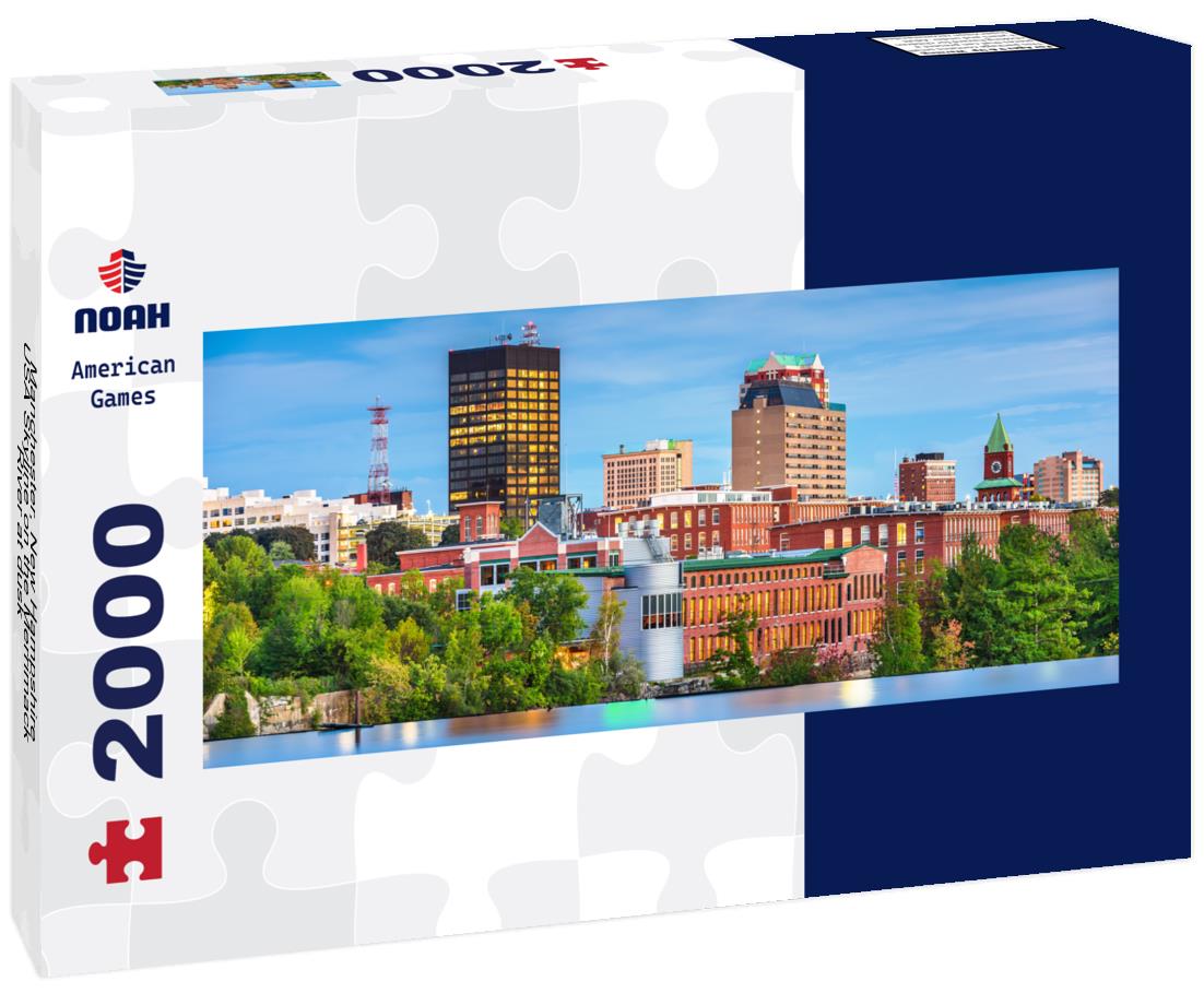 Manchester, New Hampshire, USA Skyline on the Merrimack River at dusk 2000pc Panoramic Puzzle