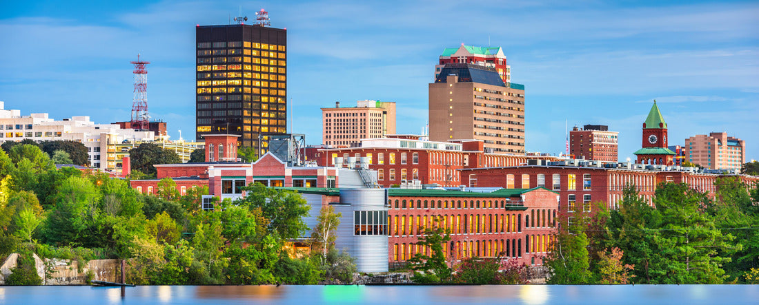 Manchester, New Hampshire, USA Skyline on the Merrimack River at dusk 2000pc Panoramic Puzzle