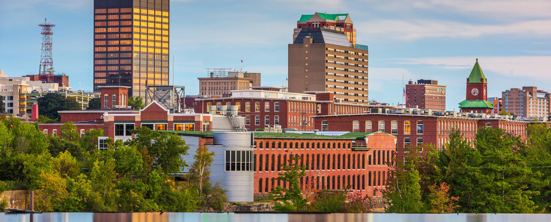 Manchester, New Hampshire, USA Skyline on the Merrimack River at dusk 2000pc Panoramic Puzzle