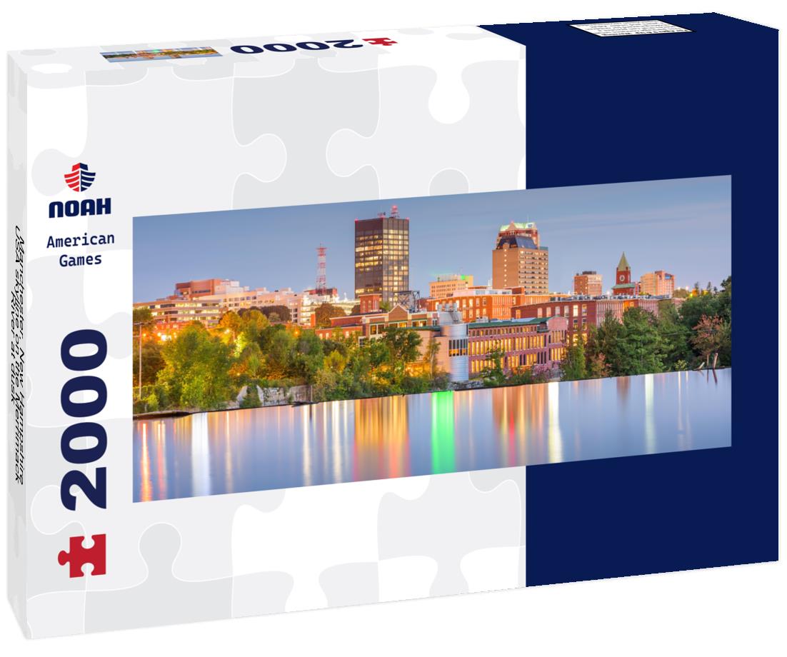 Manchester, New Hampshire, USA skyline on the Merrimack River at dusk 2000pc Panoramic Puzzle