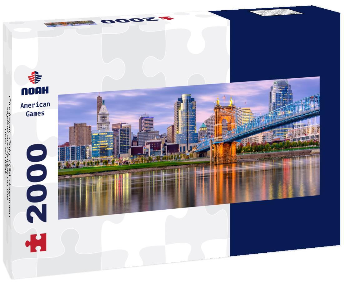 Cincinnati, Ohio, USA downtown skyline and bridge on the river at dusk 2000pc Panoramic Puzzle