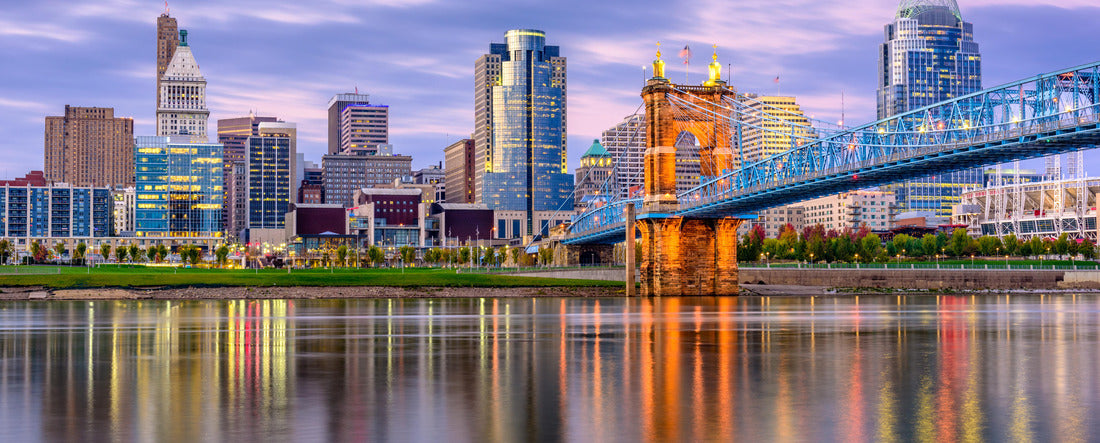 Cincinnati, Ohio, USA downtown skyline and bridge on the river at dusk 2000pc Panoramic Puzzle