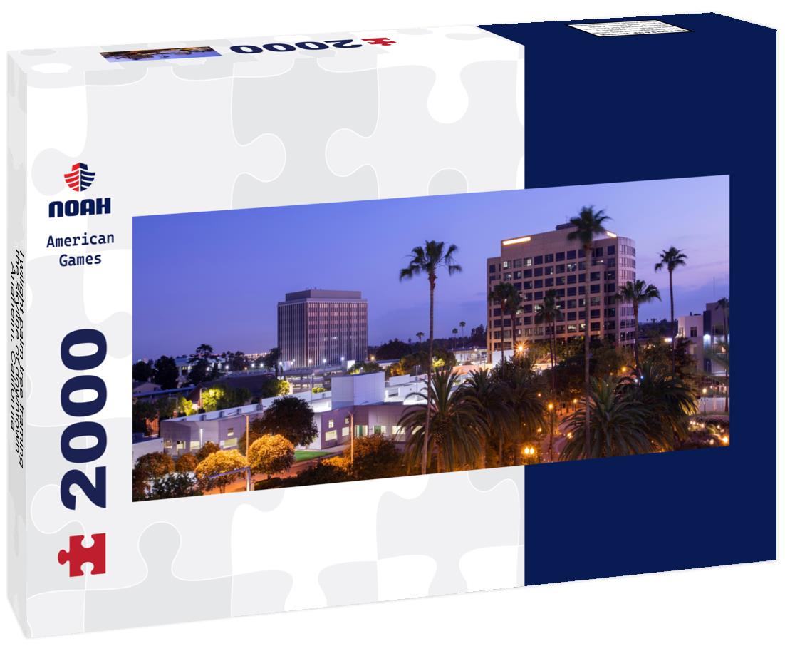 Twilight palm tree framing the skyline of downtown Anaheim, California 2000pc Panoramic Puzzle