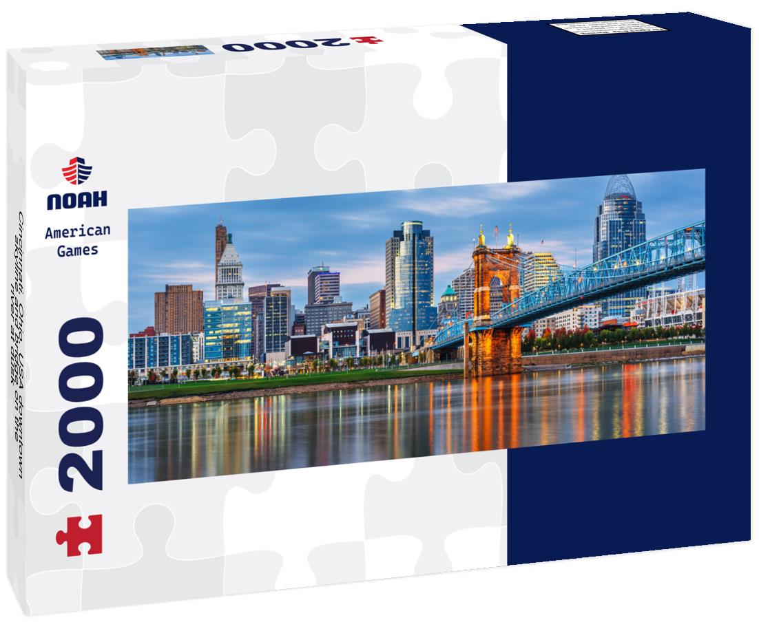 Cincinnati, Ohio, USA downtown skyline and bridge on the river at dusk 2000pc Panoramic Puzzle